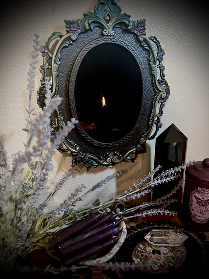 Forest Queen Hanging Black Glass Scrying Mirror | Gothic Wall Hanging with Ornate Scrollwork and Easel