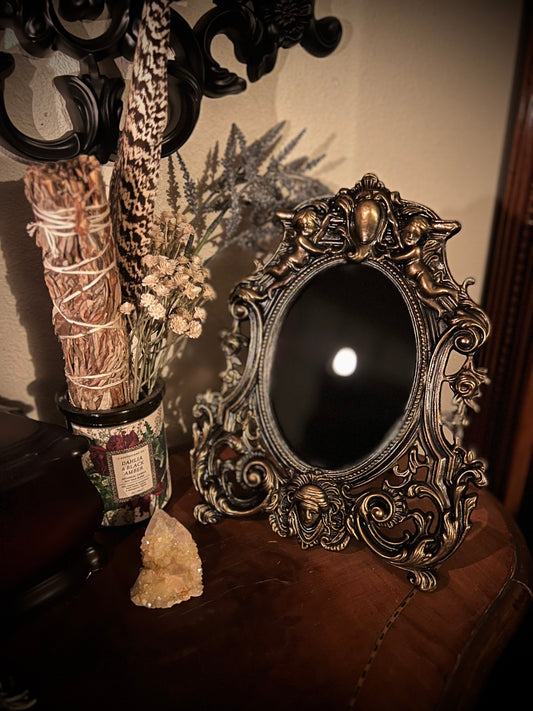 Scrying Mirror - Antique Heirloom Footed Oval Black Mirror MM121