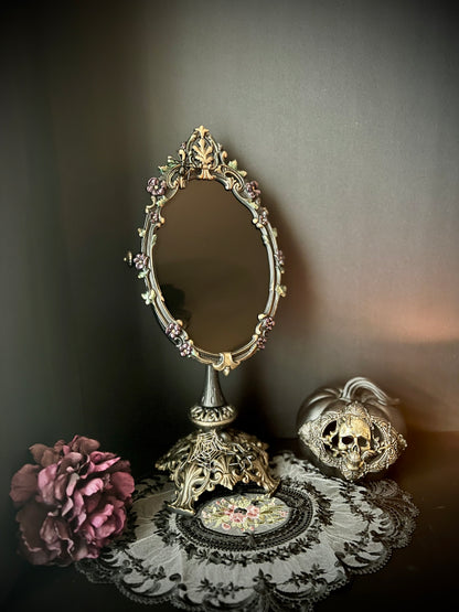 Charlotte Scrying Mirror – Gothic Floral Black Mirror with Handmade Spiders and Beaded Web for Shadow Work and Divination