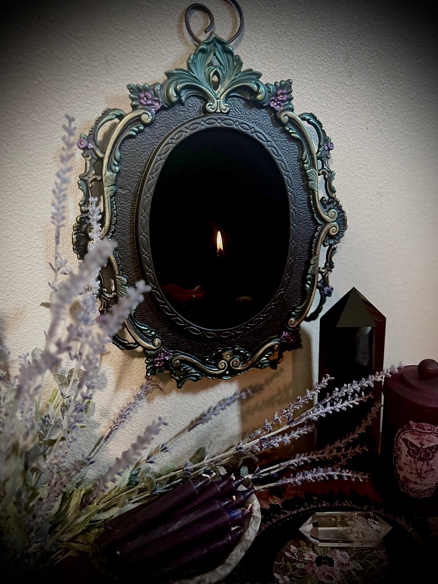 Forest Queen Hanging Black Glass Scrying Mirror | Gothic Wall Hanging with Ornate Scrollwork and Easel