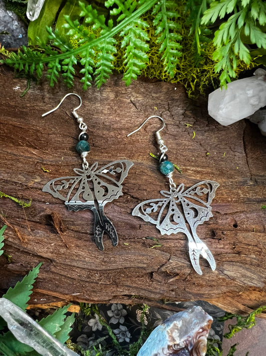 Apatite Obsidian Luna Moth Earrings for Intuition, Protection, and Shadow Work SE24 Mystik Bliss