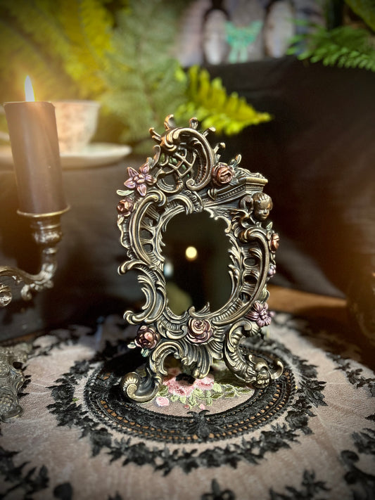 Ornate Gothic Black Glass Scrying Mirror with Easel | Vintage Baroque Floral Cast Metal Frame