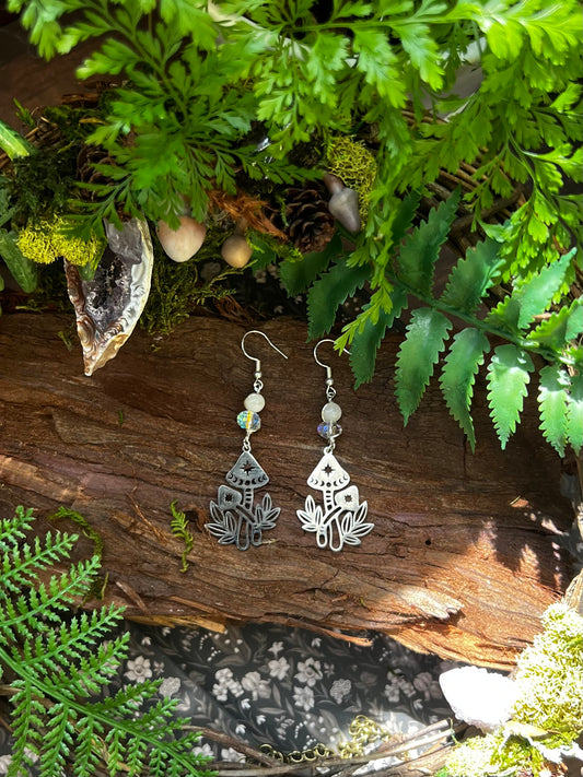 Moonstone Magic Mushroom Rainbow Dangle Earrings SE19
