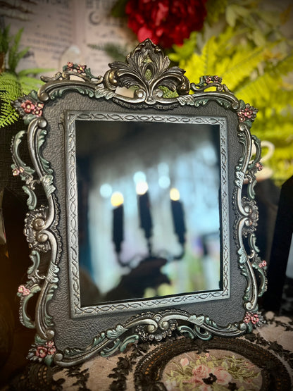 Scarlet Black Glass Scrying Mirror with Easel | Gothic Vintage Cast Metal Frame with Scrolling Details