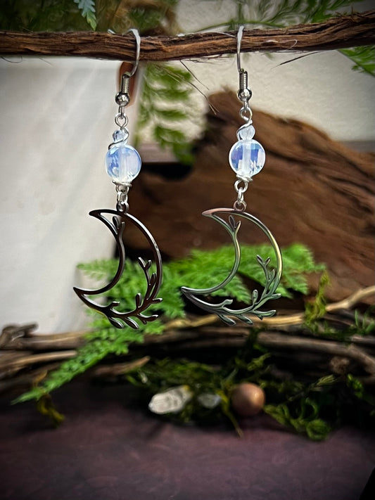Opalite Crescent Moon Earrings – Branch Moon Dangle Earrings for Intuition and Feminine Energy SE21