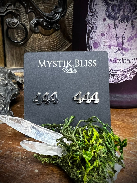 444 angel number stud earrings on Mystik Bliss card with quartz crystals and moss