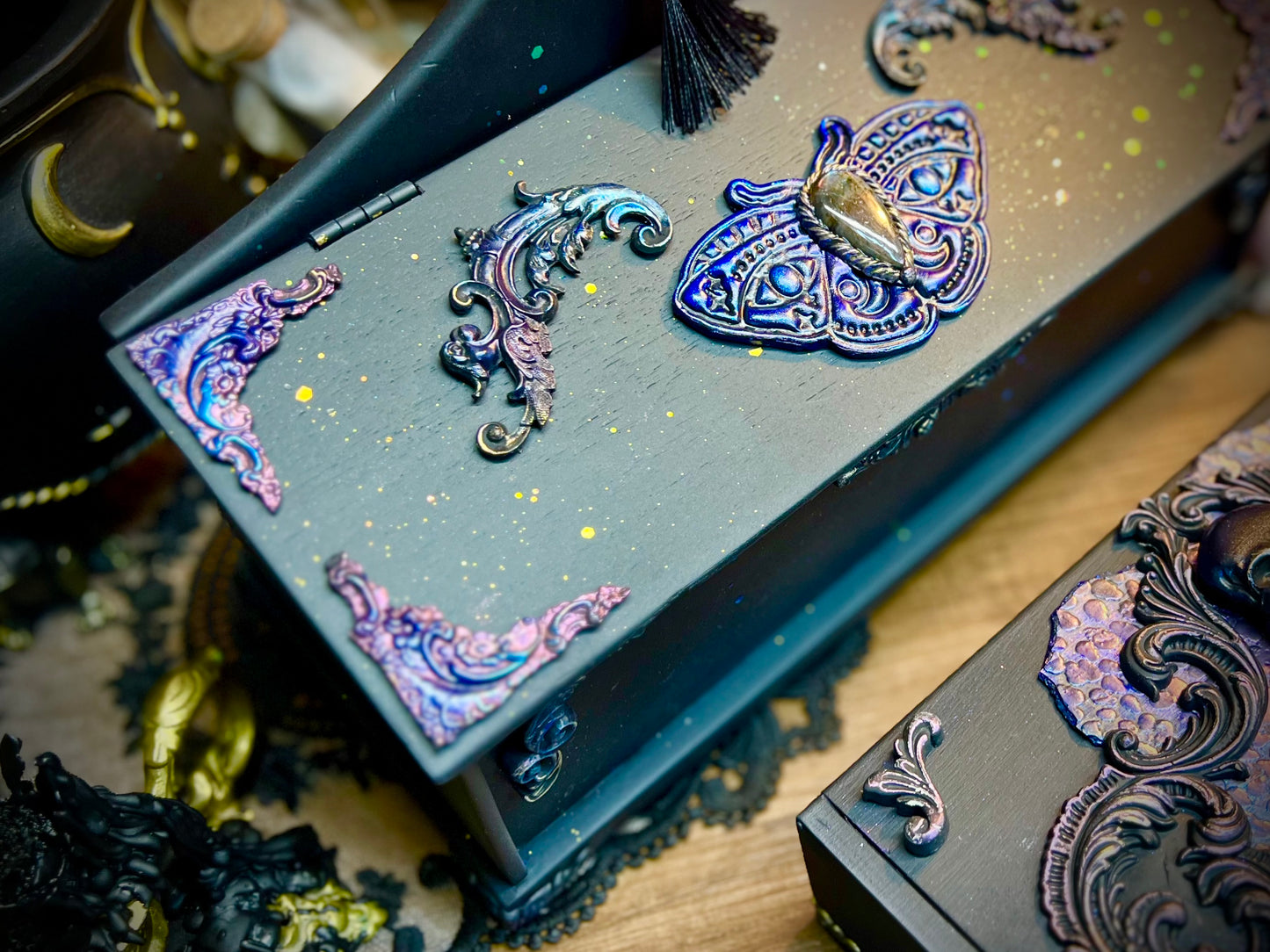 The Luminescent Oracle Purple Labradorite Box, Tarot Box, Jewelry Box, Keepsake Box, Oracle Box, Dark Academia, Black Decor