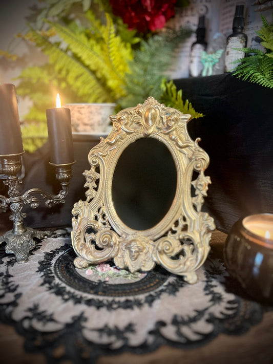 Golden Cherub Black Glass Scrying Mirror | Vintage Ornate Frame with Easel Back for Shadow Work