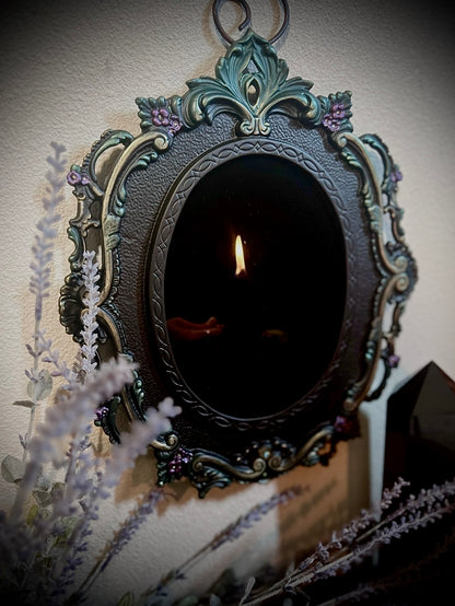Forest Queen Hanging Black Glass Scrying Mirror | Gothic Wall Hanging with Ornate Scrollwork and Easel