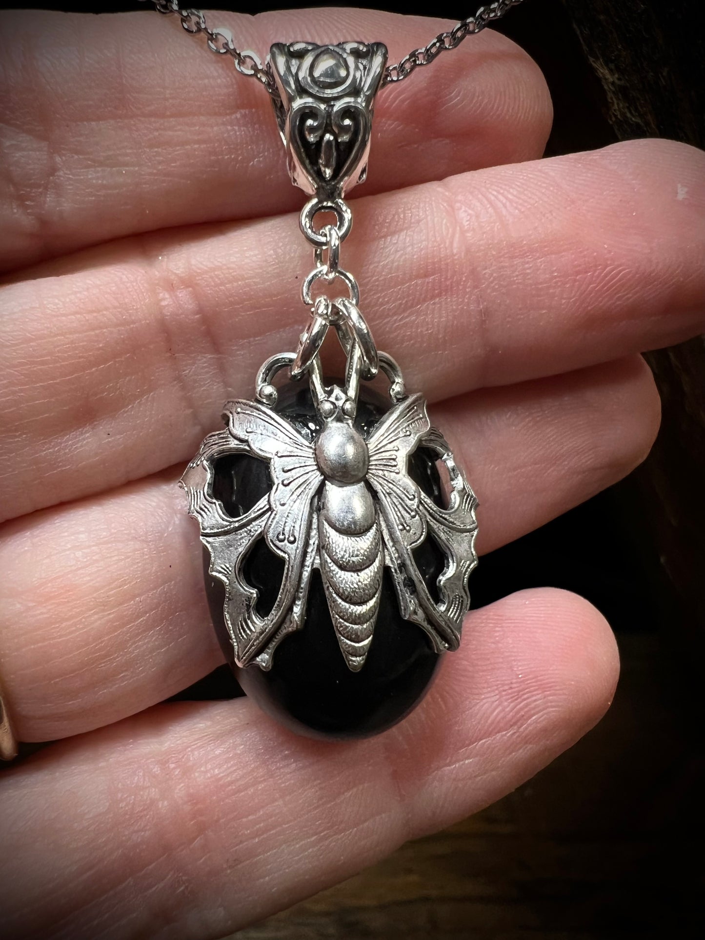 Obsidian You’re Protected Moth Vintage Wrapped Pendant Necklace PN19