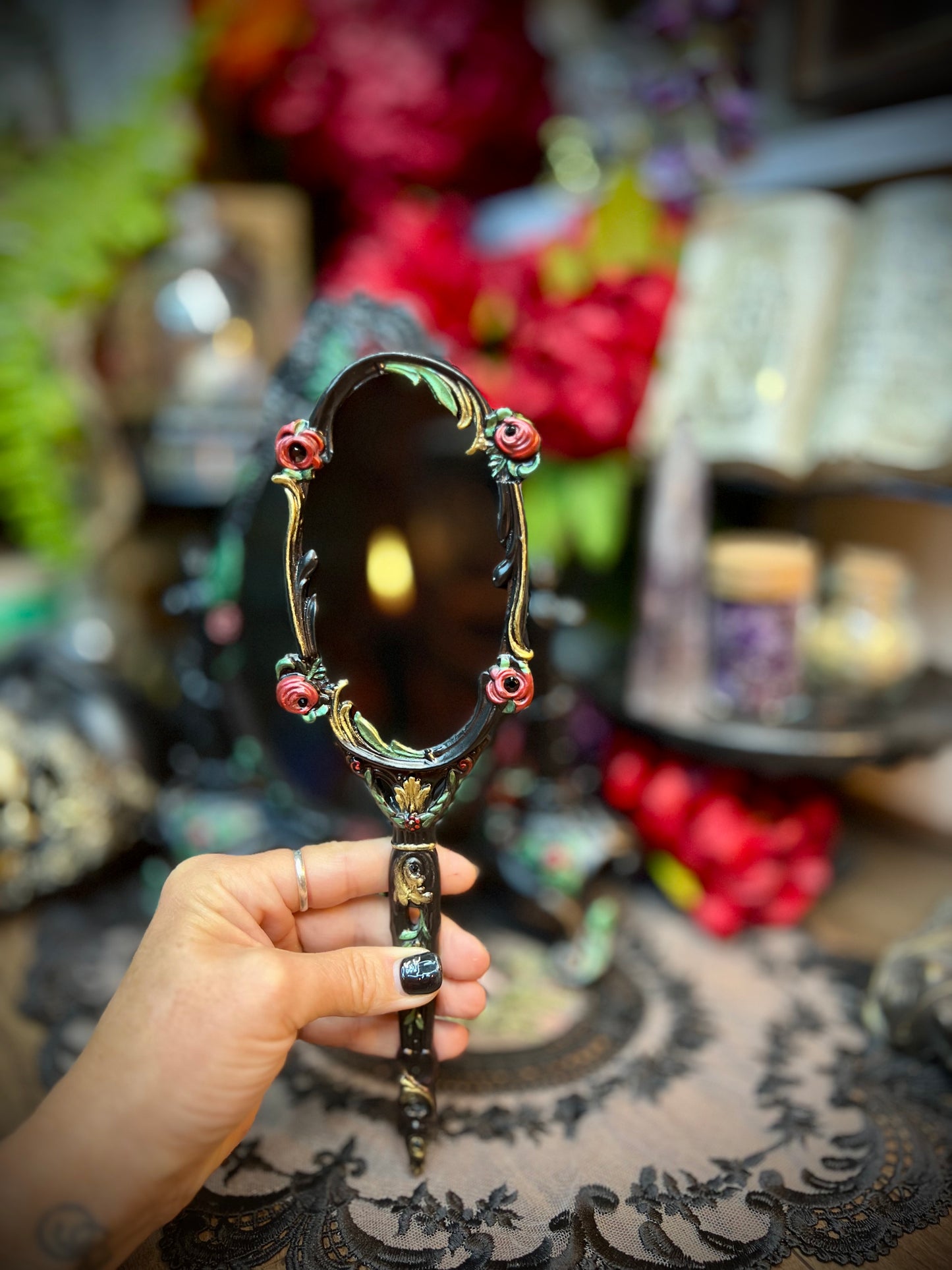 Belle Gothic Handheld Black Scrying Mirror with Roses for Dark Romance Ritual Work