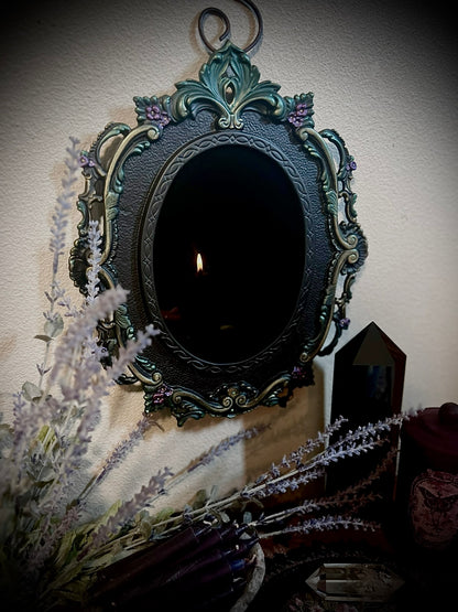 Forest Queen Hanging Black Glass Scrying Mirror | Gothic Wall Hanging with Ornate Scrollwork and Easel