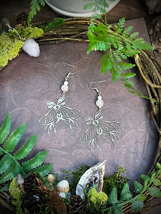 Luna Moth Earrings with Rose Quartz - Dangle Earrings for Transformation and Love SE15