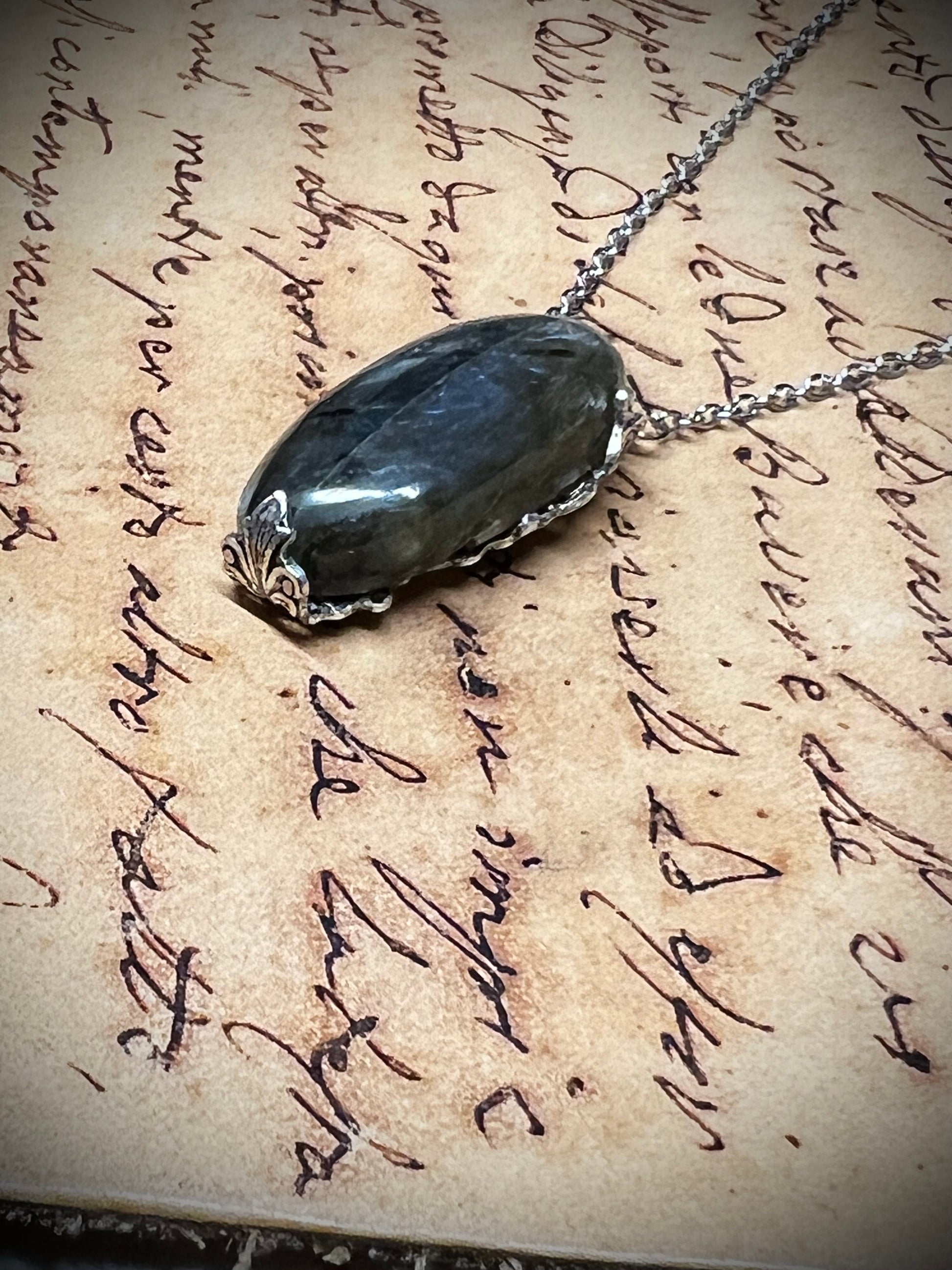 Oval labradorite pendant necklace with antique victorian filigree wrap