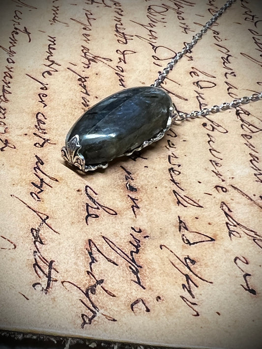 Oval labradorite pendant necklace with antique victorian filigree wrap