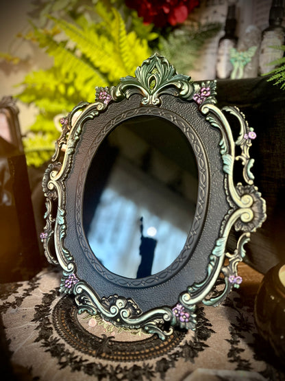 Forest Queen Hanging Black Glass Scrying Mirror | Gothic Wall Hanging with Ornate Scrollwork and Easel