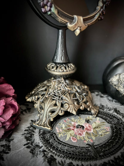 Charlotte Scrying Mirror – Gothic Floral Black Mirror with Handmade Spiders and Beaded Web for Shadow Work and Divination
