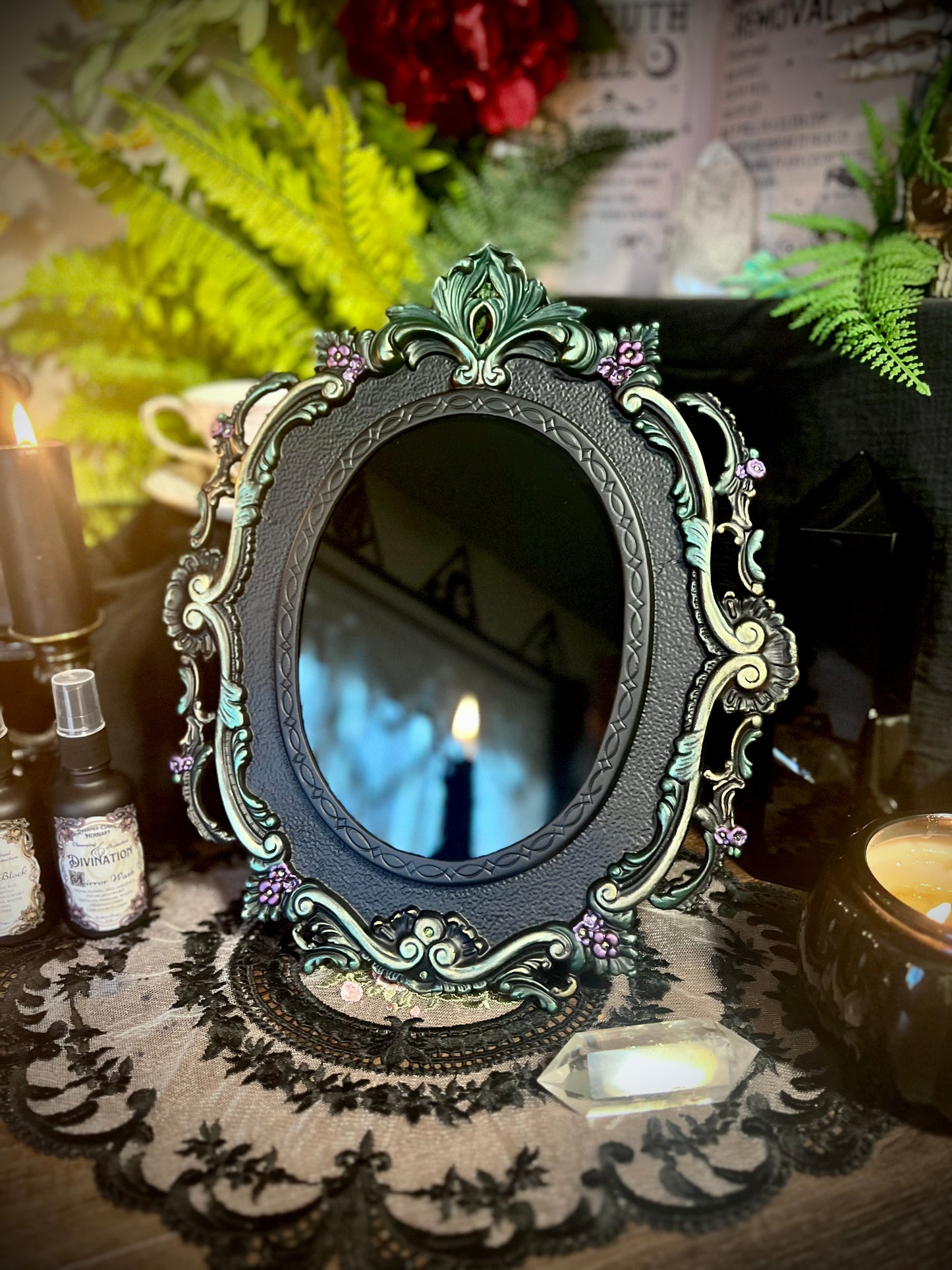 Forest Queen Hanging Black Glass Scrying Mirror | Gothic Wall Hanging with Ornate Scrollwork and Easel