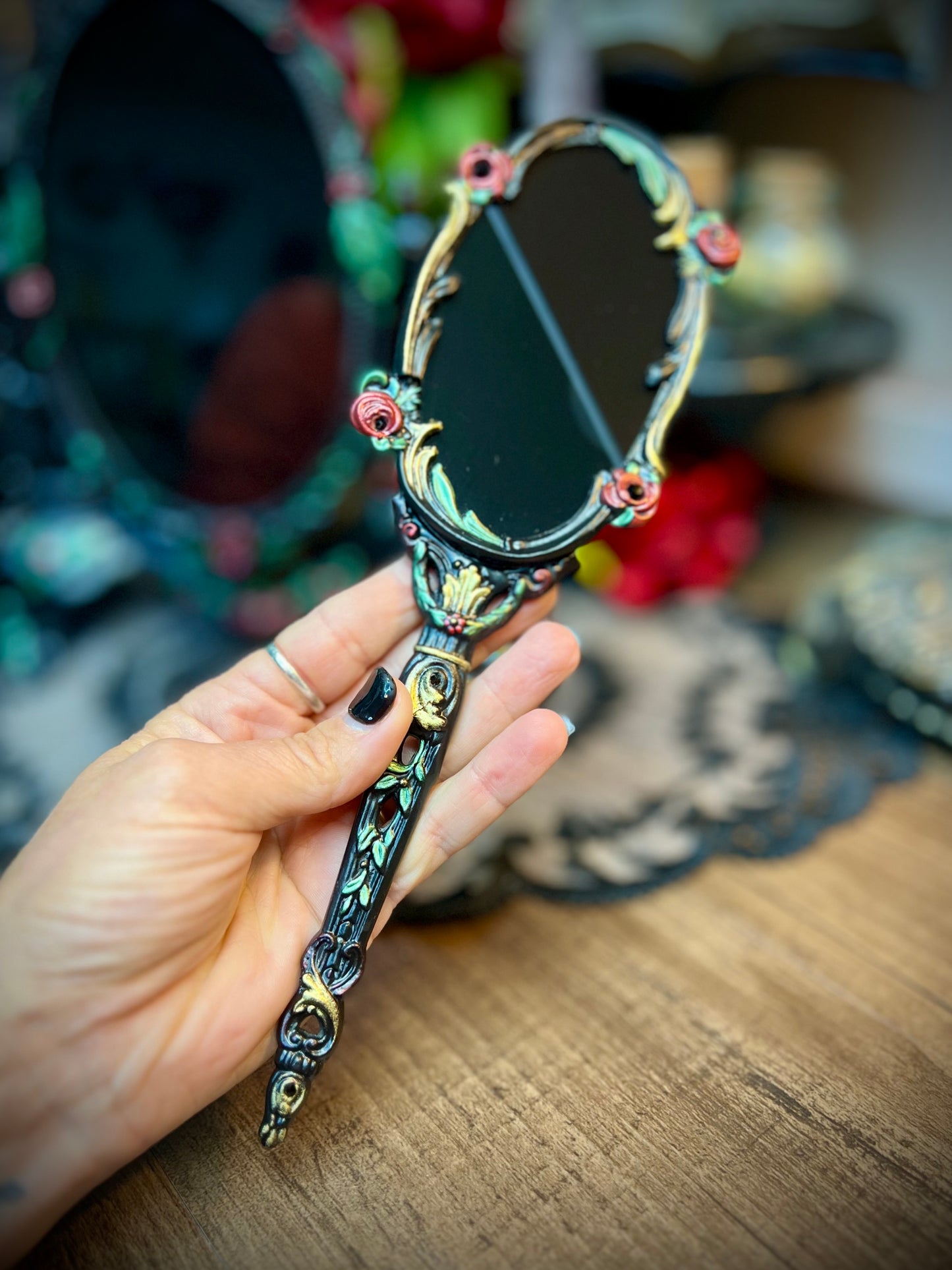 Belle Gothic Handheld Black Scrying Mirror with Roses for Dark Romance Ritual Work