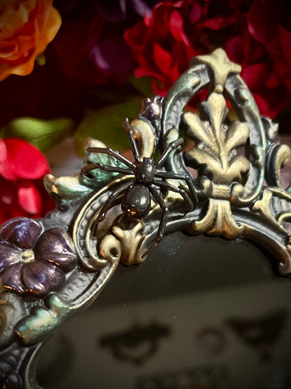 Charlotte Scrying Mirror – Gothic Floral Black Mirror with Handmade Spiders and Beaded Web for Shadow Work and Divination