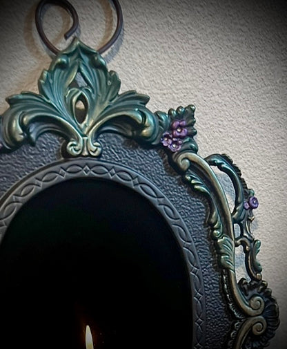 Forest Queen Hanging Black Glass Scrying Mirror | Gothic Wall Hanging with Ornate Scrollwork and Easel
