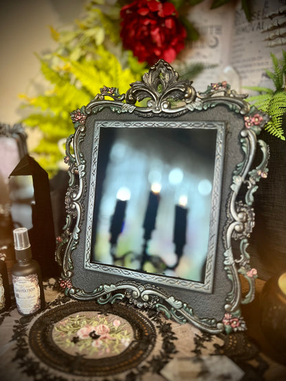 Scarlet Black Glass Scrying Mirror with Easel | Gothic Vintage Cast Metal Frame with Scrolling Details