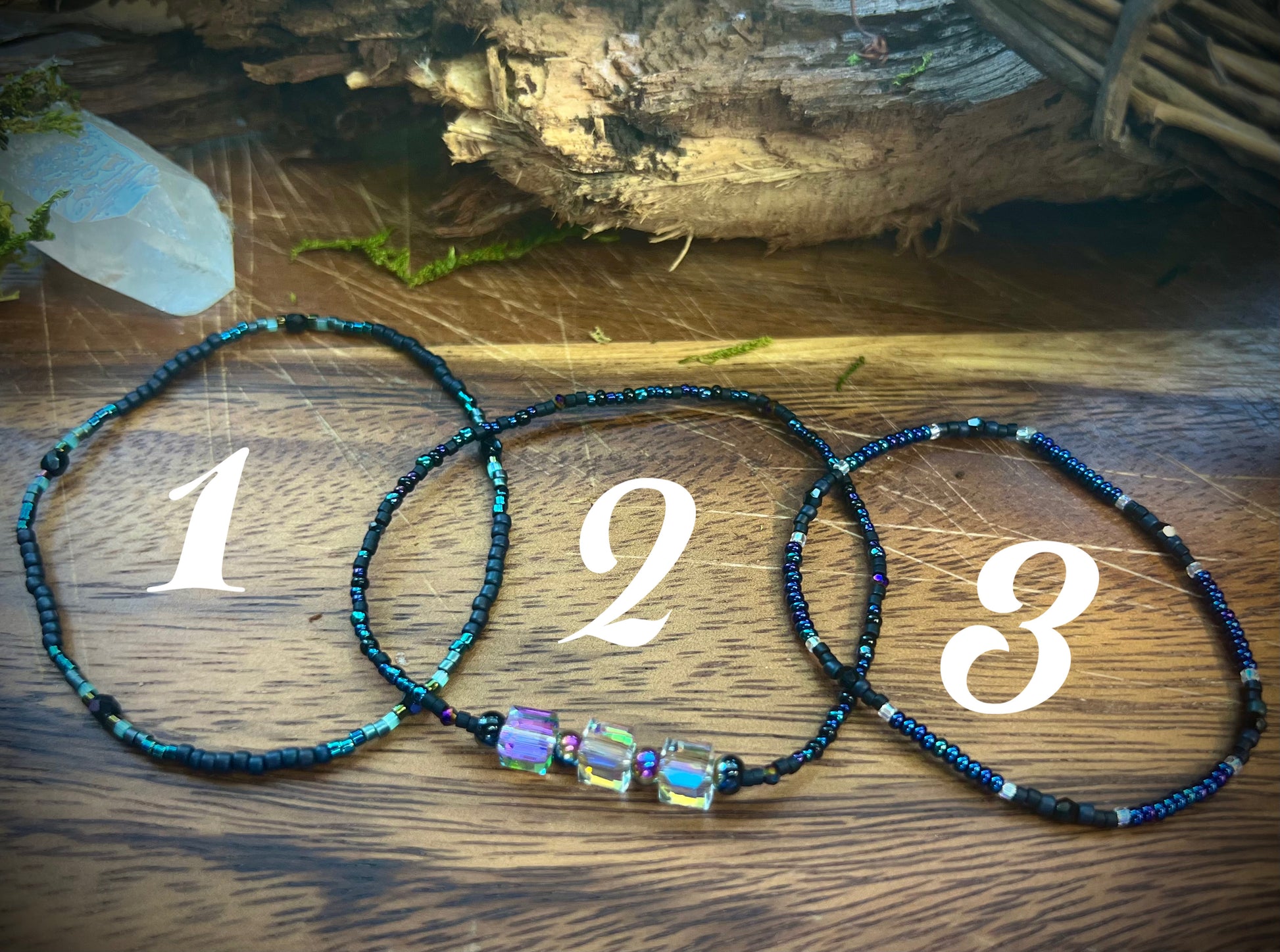 Handmade aurora crystal beaded bracelets in three unique variations