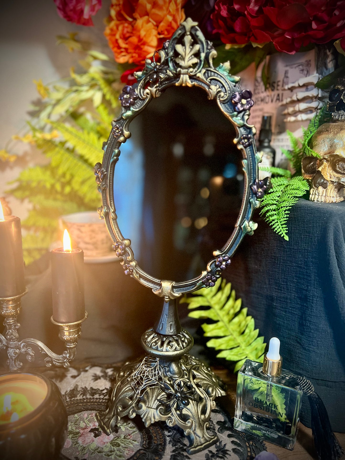 Charlotte Scrying Mirror – Gothic Floral Black Mirror with Handmade Spiders and Beaded Web for Shadow Work and Divination