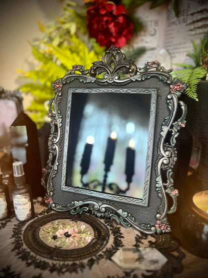 Scarlet Black Glass Scrying Mirror with Easel | Gothic Vintage Cast Metal Frame with Scrolling Details