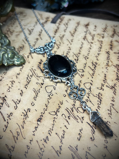 Obsidian and Black Quartz Scrying Mirror Necklace Pendant PN33