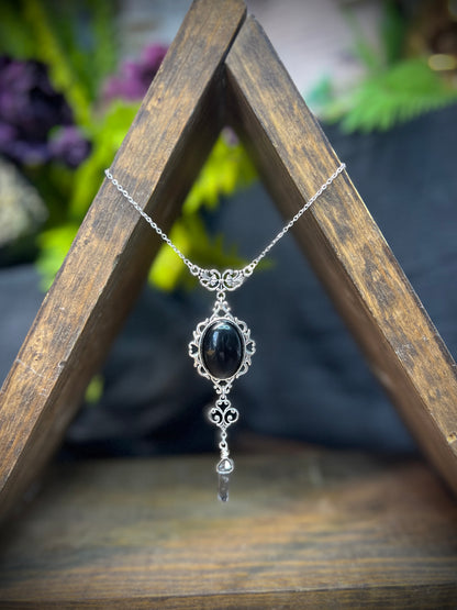 Obsidian and Black Quartz Scrying Mirror Necklace Pendant PN33