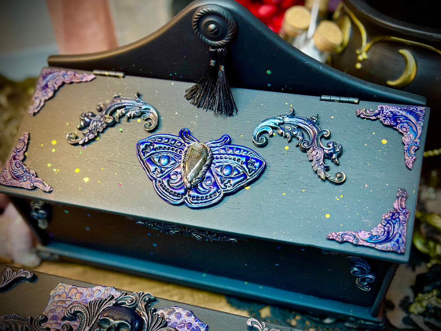 The Luminescent Oracle Purple Labradorite Box, Tarot Box, Jewelry Box, Keepsake Box, Oracle Box, Dark Academia, Black Decor