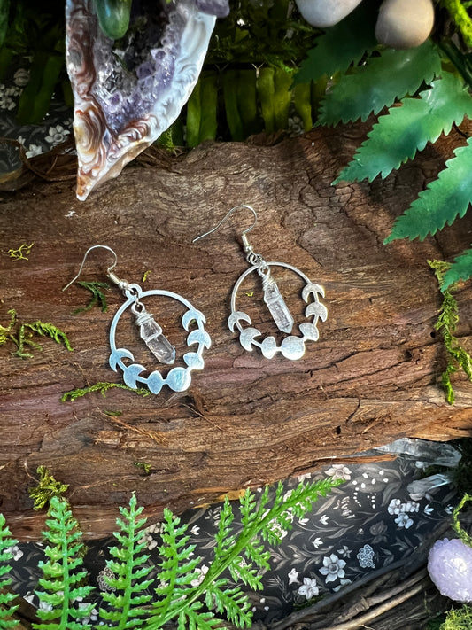 Clear Quartz crystal earrings with stainless steel moon phase design