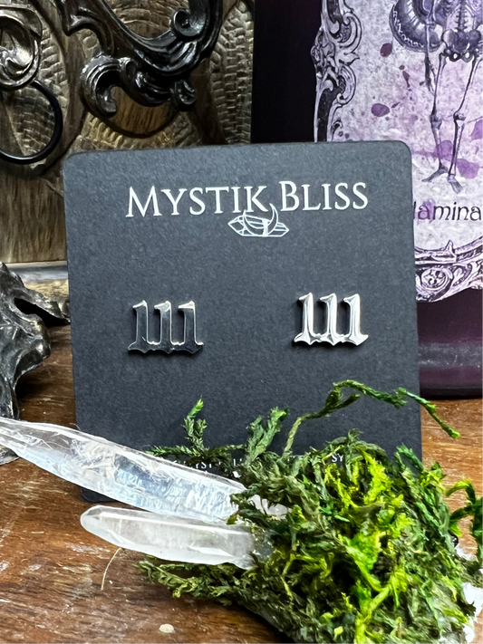 111 angel number stud earrings on Mystik Bliss card with moss and quartz crystal
