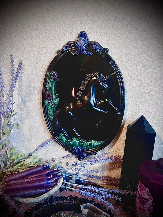 The Last Unicorn Black Glass Scrying Mirror Wall Hanging | Vintage Cast Metal Gothic Frame