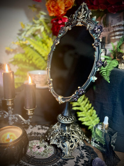 Charlotte Scrying Mirror – Gothic Floral Black Mirror with Handmade Spiders and Beaded Web for Shadow Work and Divination
