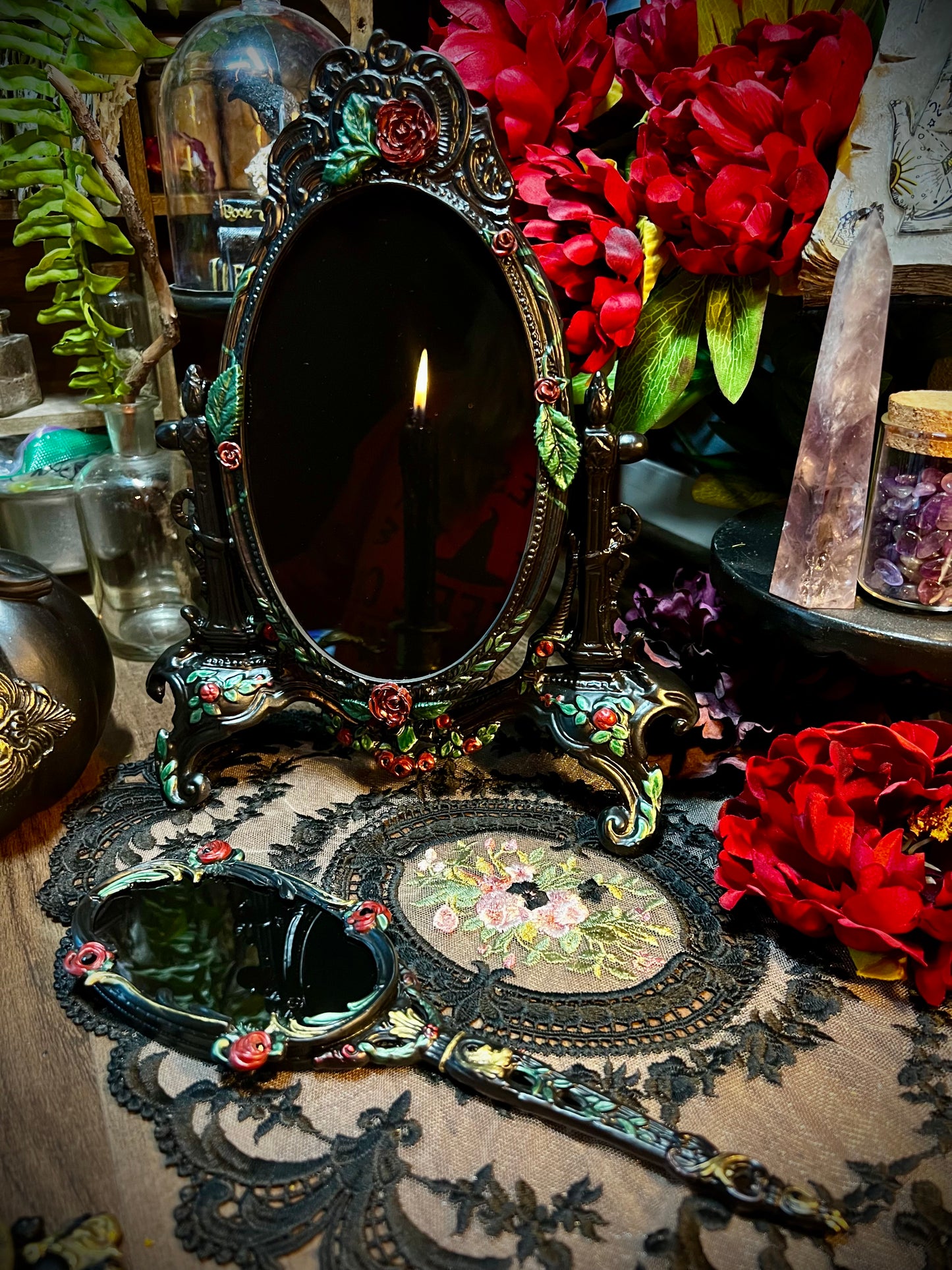 Belle Gothic Handheld Black Scrying Mirror with Roses for Dark Romance Ritual Work