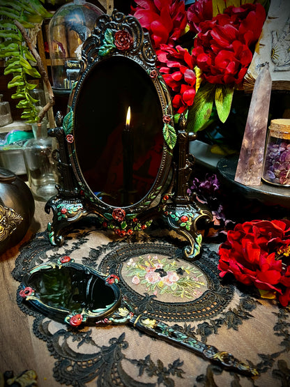 Belle Gothic Handheld Black Scrying Mirror with Roses for Dark Romance Ritual Work