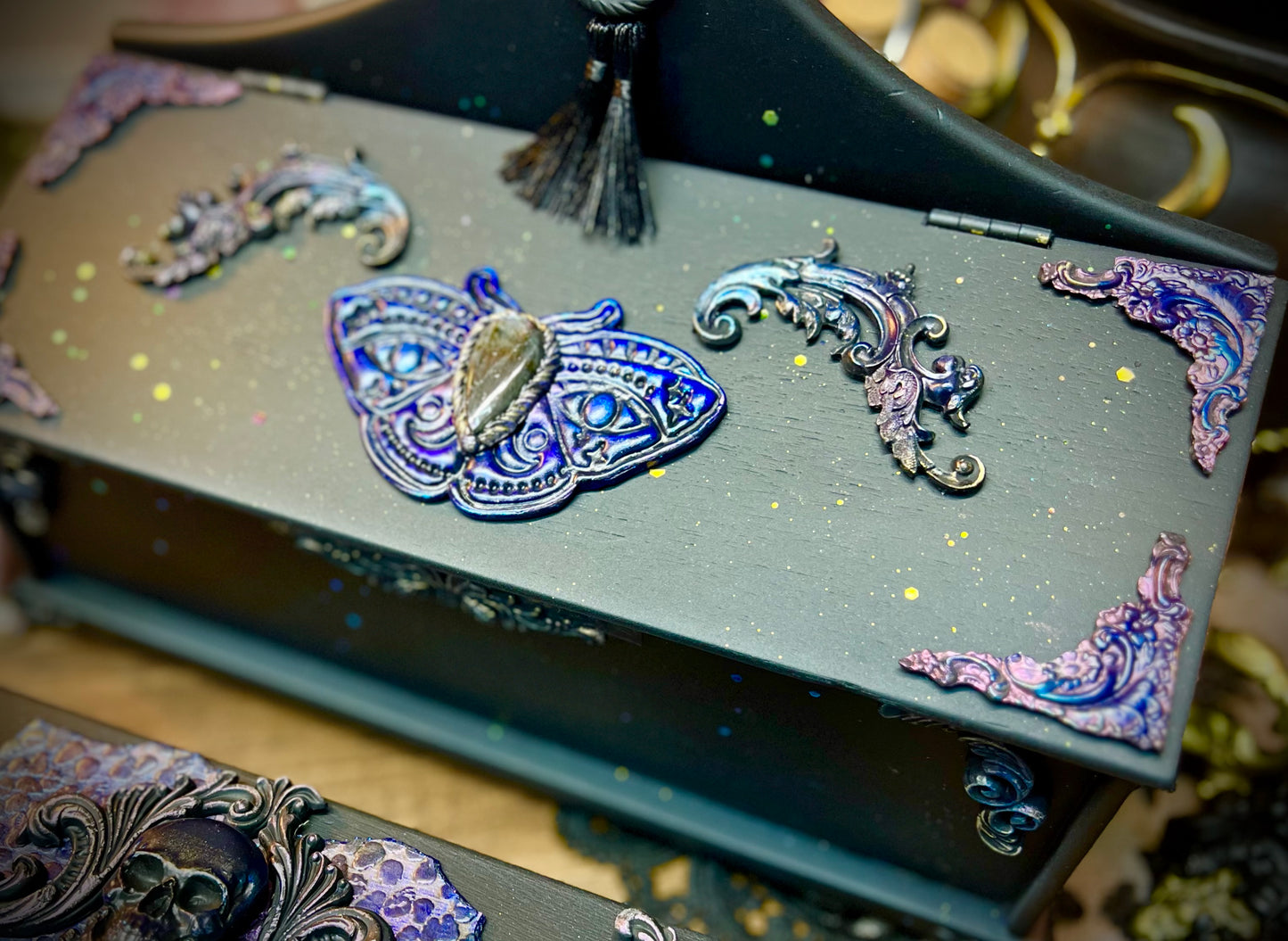 The Luminescent Oracle Purple Labradorite Box, Tarot Box, Jewelry Box, Keepsake Box, Oracle Box, Dark Academia, Black Decor