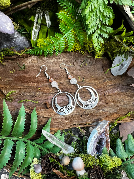 Fire Quartz earrings with stainless steel crescent moon and lotus design