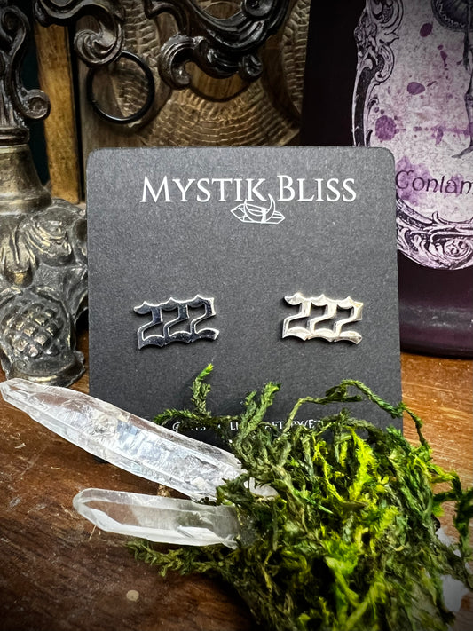 222 angel number stud earrings on Mystik Bliss card with quartz crystals and moss