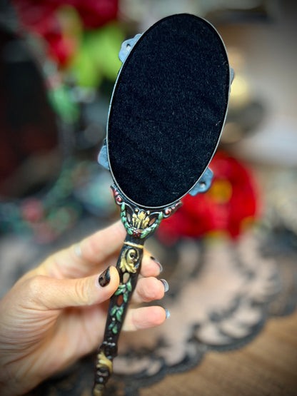Belle Gothic Handheld Black Scrying Mirror with Roses for Dark Romance Ritual Work