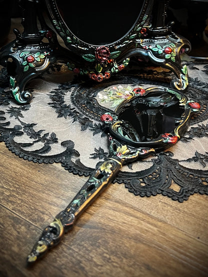 Belle Gothic Handheld Black Scrying Mirror with Roses for Dark Romance Ritual Work
