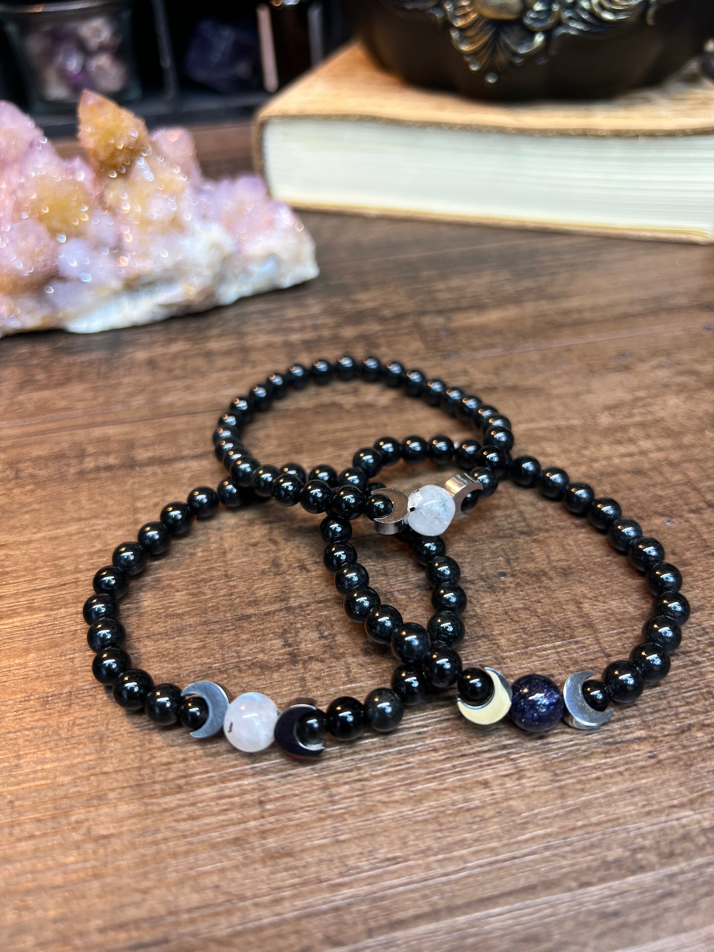 Obsidian Moons Stretch Bracelets-Moonstone