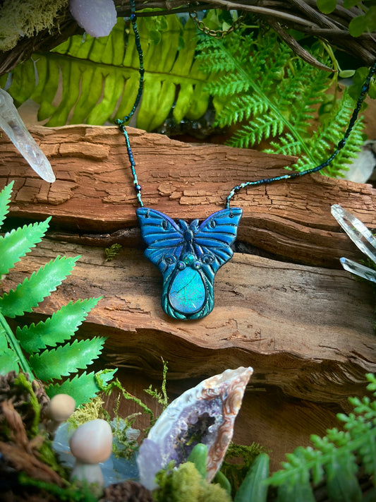 Hand-sculpted luna moth necklace with Australian opal centerpiece