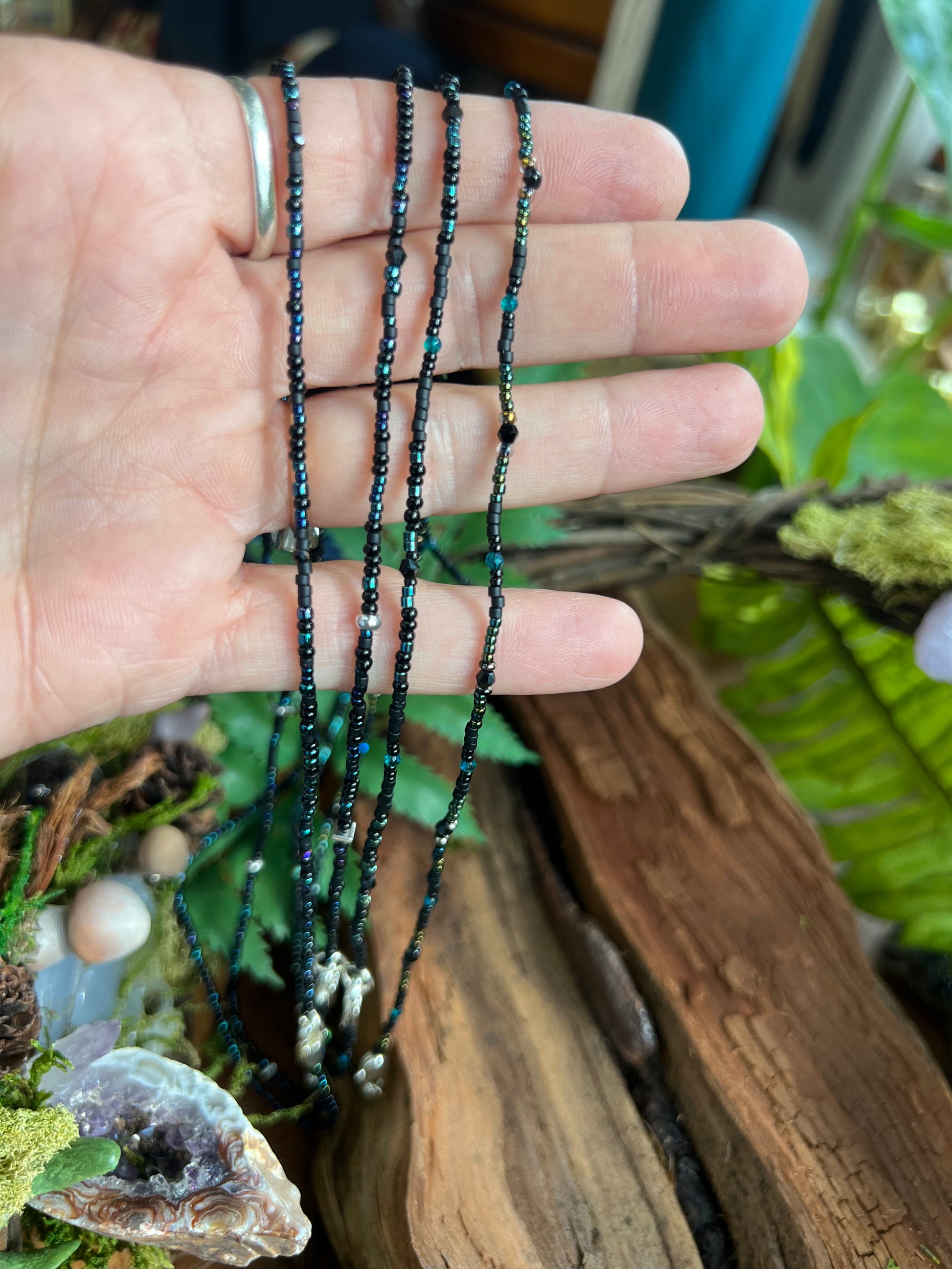 Moonlit Dreams Seed Bead Necklace deep black with aurora crystal accents