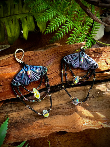 Moonlit Dreams Mythical Moth Iridescent Statement Earrings - Whimsy Goddess Forest Fairycore Iridescence Crystal Dangles SE78