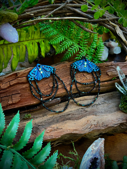 Lightweight moth statement earrings with layered seed bead strands