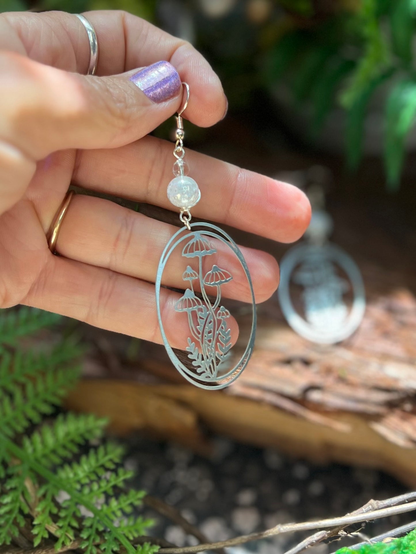 Forest Portal Mushroom Earrings – Aura Crackle Quartz and Fern Design for Nature Lovers and Magic Seekers | Mystik Bliss SE09