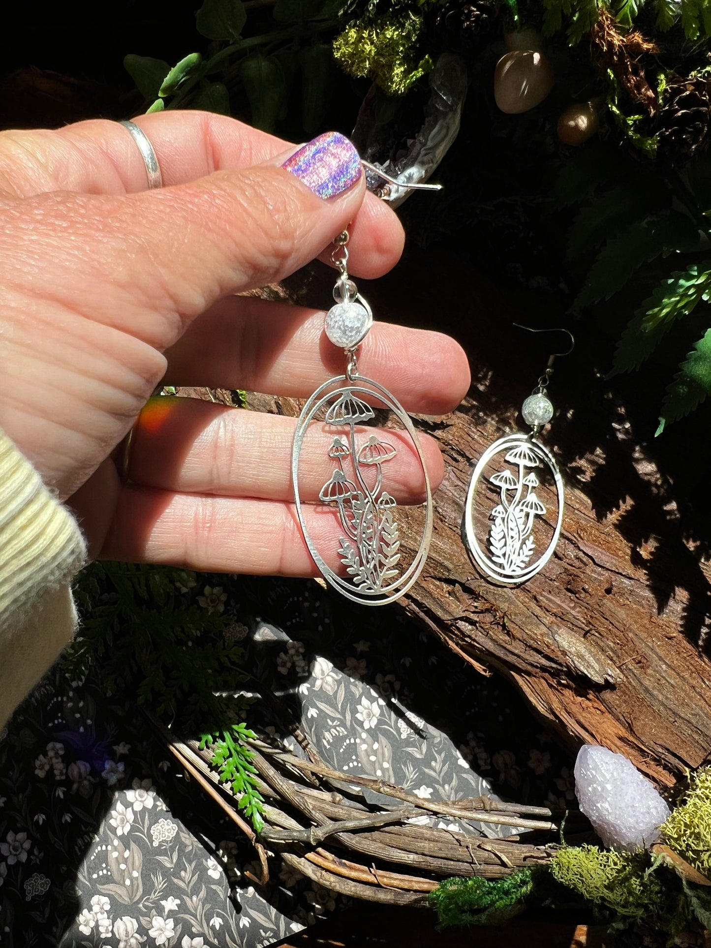 Forest Portal Mushroom Earrings – Aura Crackle Quartz and Fern Design for Nature Lovers and Magic Seekers | Mystik Bliss SE09